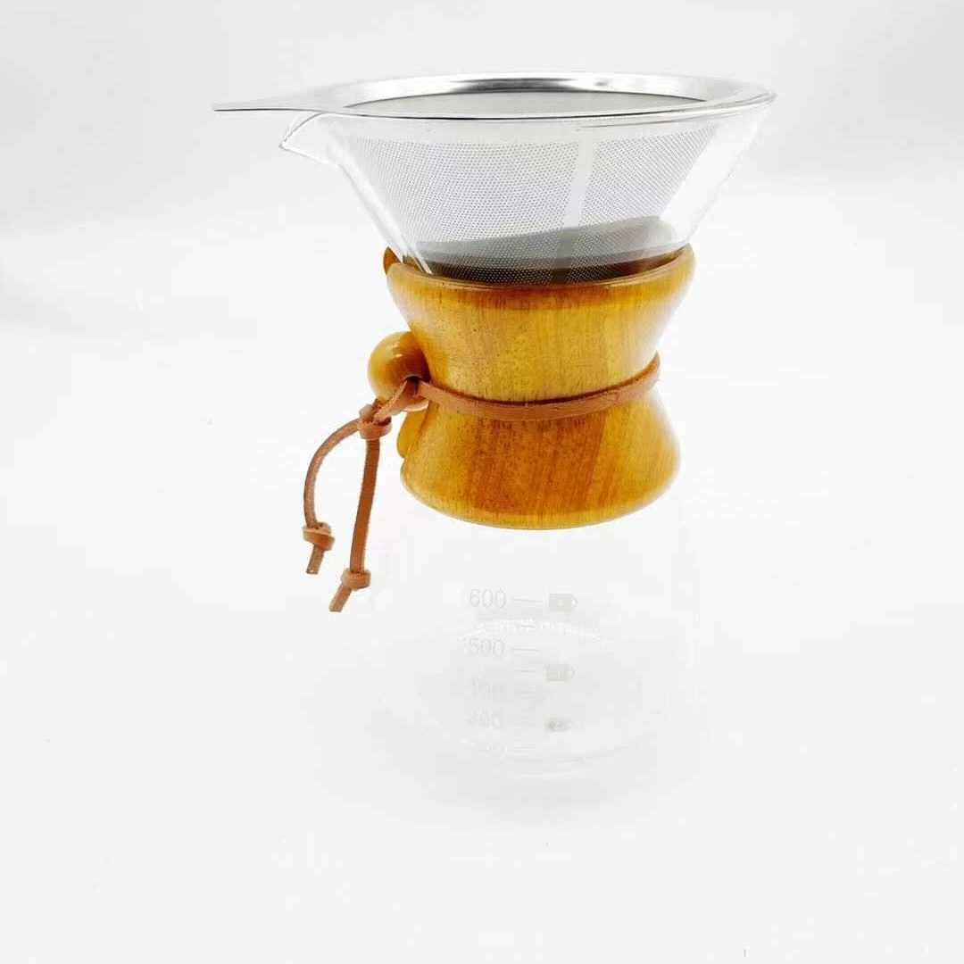 Manual glass coffee dripper brewer with stainless steel filter light brown wooden cover