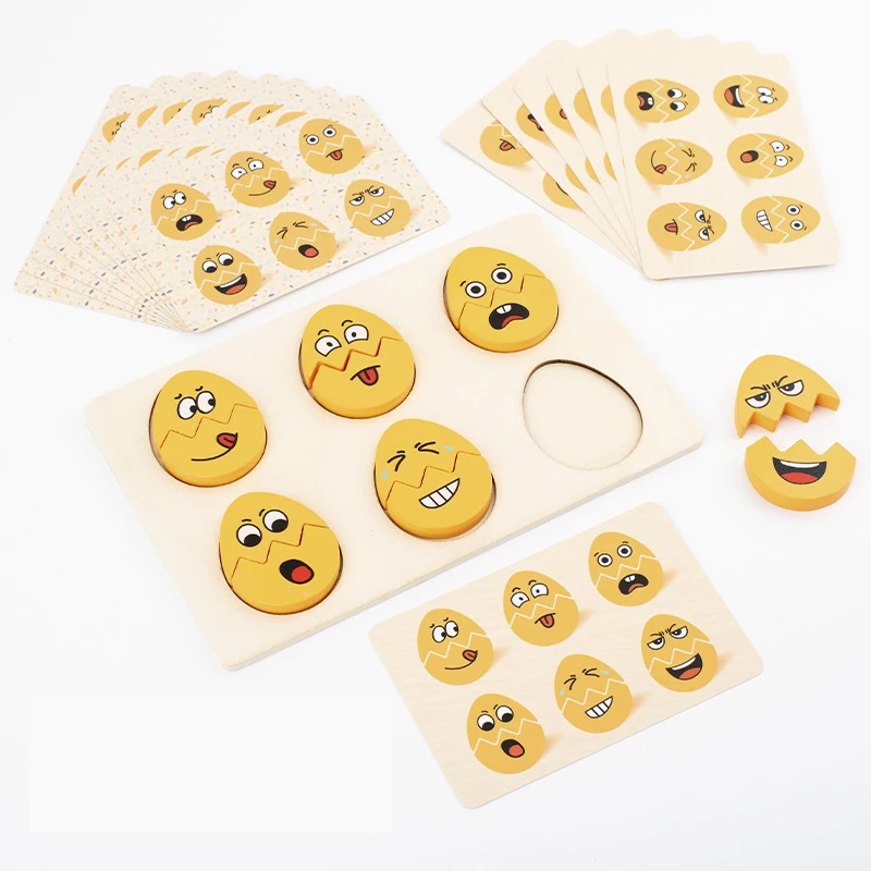 KS Montessori Early Learning Educational Wooden Yellow Facial Expression Matching Eggs 3D puzzle Board game