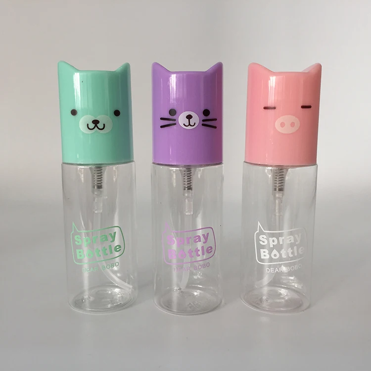 Cute 35ml clear round cylinder spray bottles with cartoon cat pig dog face printing lids travel perfume bottles for children