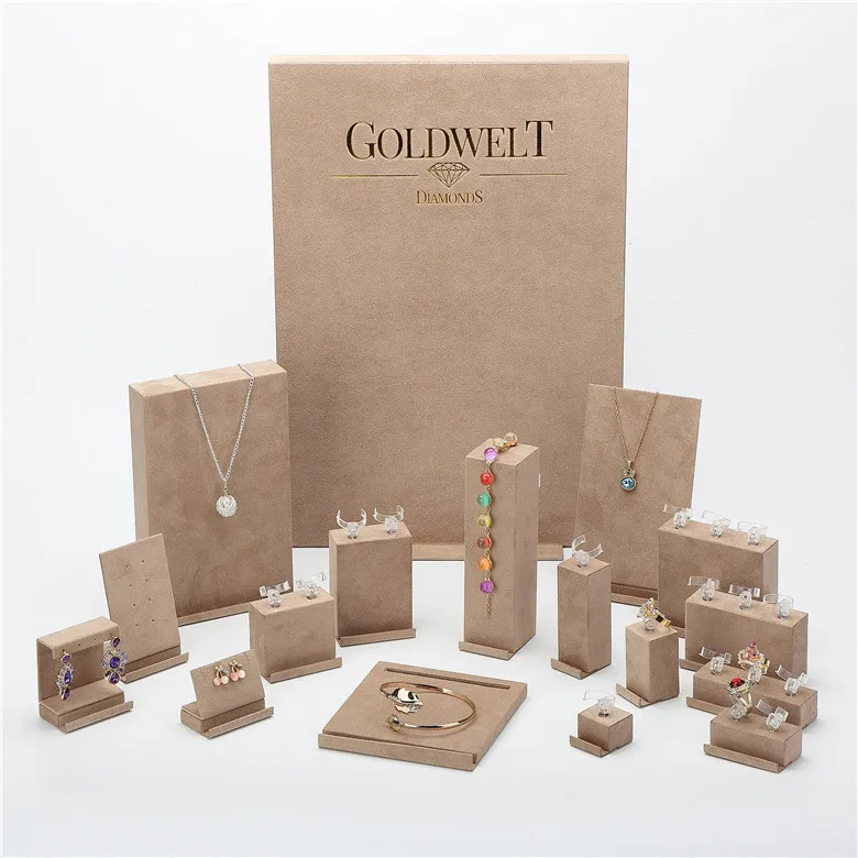 Luxury jewelry display showcase MDF microfiber necklace ring display stand for jewellery