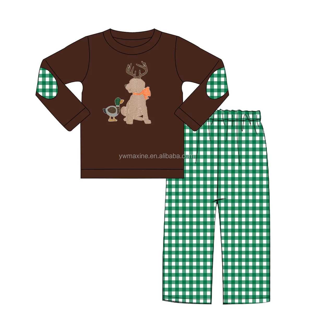 Fall/winter kids clothing unique design knit boy outfits wholesale reindeer & duck applique sets two piece set for boys