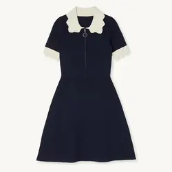 Knitwear manufacturers custom spring summer black lace collar short sleeves women knit sweater dress