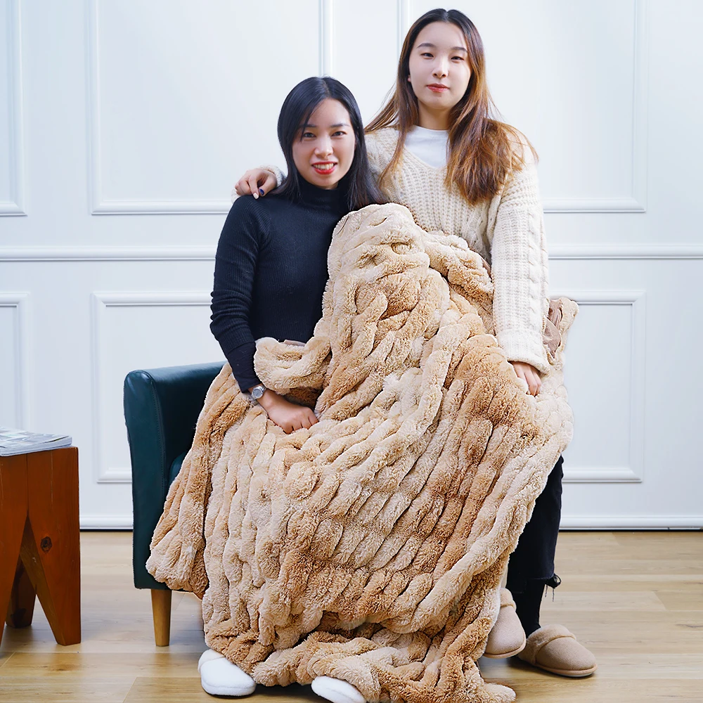 Soft Stylish Luxury Warm Embossed Tie Dye Ruched Bubbly Rabbit Faux Fur Minky Throw Blankets for Winter