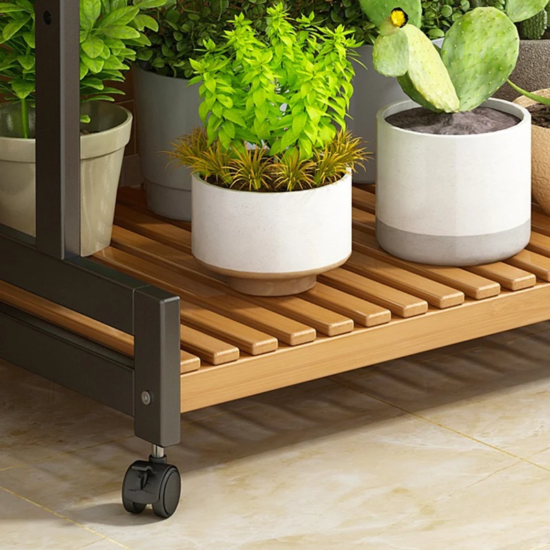Flower Pot Stand Rack Holder,Display Plant Ladder Outdoor Indoor Storage Organizer Rack, Bamboo Rolling Plant Stand with Wheels,