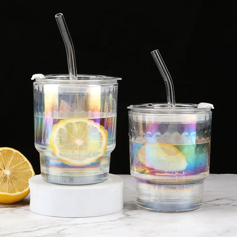 Glass Tumbler Colorful Glass Coffee Cup with Lid and Straw Modern Design Drinking Glass Cup