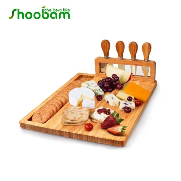
Bamboo Cheese Board Meat Charcuterie Platter Serving Tray W/ 4 Tableware Stainless Steel Knife 