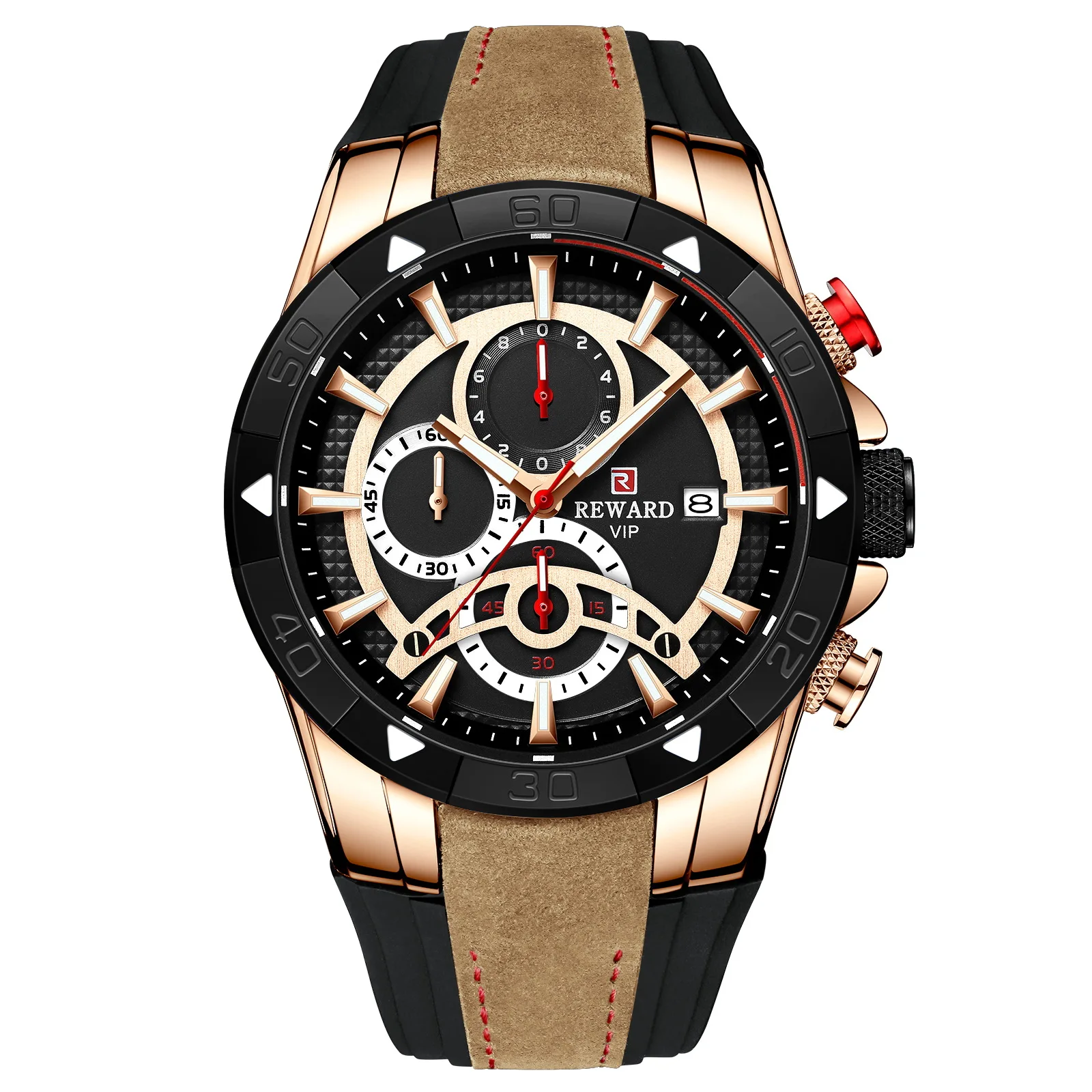 REWARD Top Design large dial with luminous decorative hands made of silicone leather quartz chronograph watch men punk style