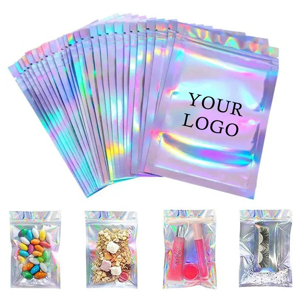 Customize Clear Front Stand Up Laser Plastic Packaging Holographic Bag,Transparent Snack Food Ziplock Mylar Three Side Seal Bags