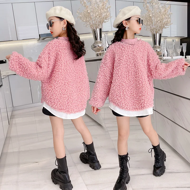 2024 Children Clothes Autumn Spring Long Sleeve Lambswool Solid Color Casual Teenagers Girls Hoodies