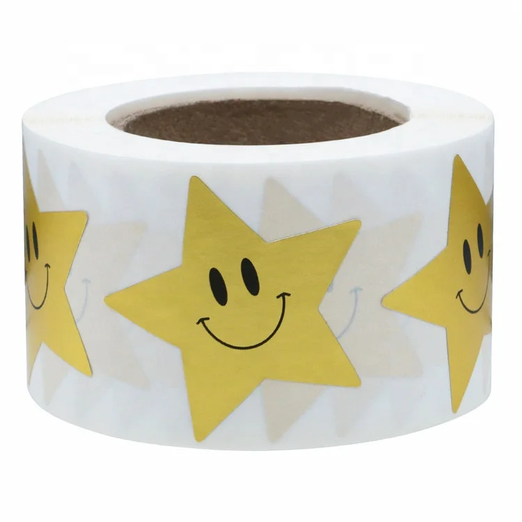 Hybsk Gold Star Shape Smile Face Stickers 1.5 Inch Total 500 Adhesive Labels Per Roll