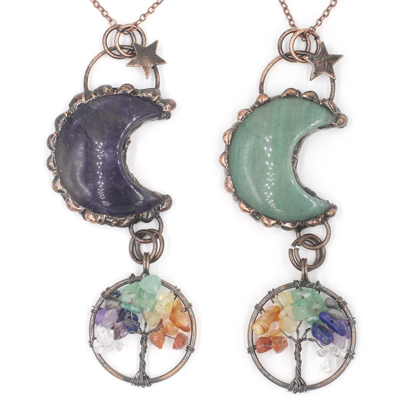 Wholesale Healing Tree of Life Pendant Vintage Copper Natural Crystal Rose Quartz Moon Necklace for Gift