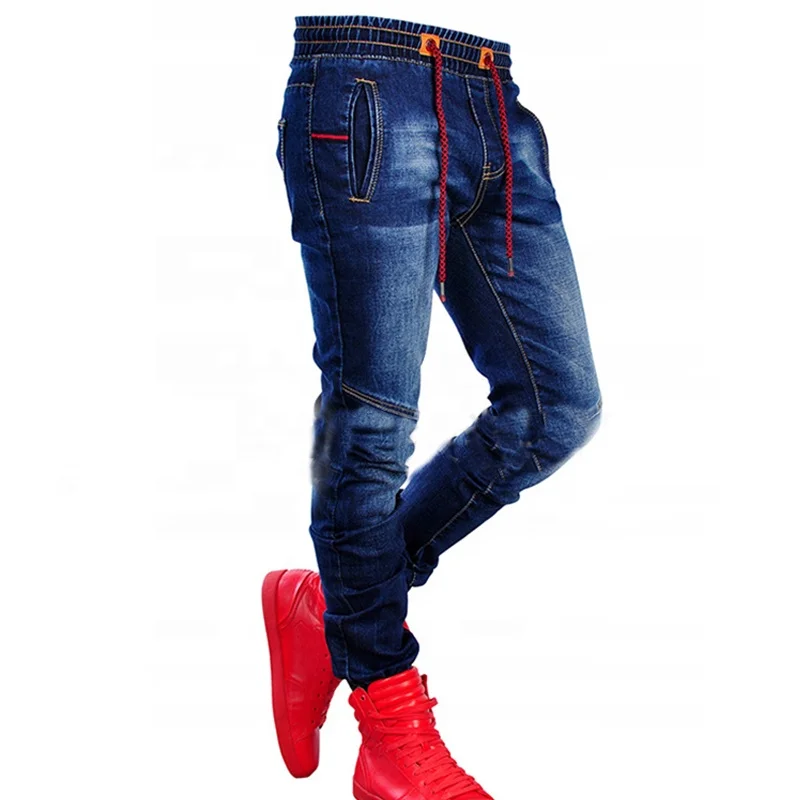 
OEM fashion elastic splicing blue slim long man jeans customized 