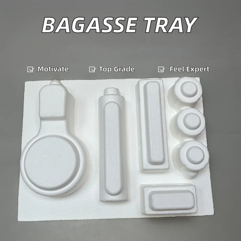 Custom Molded Packaging for Cosmetics Virgin Bagasse Fiber with Recycled Pulp Insert Unbleached Inner Tray