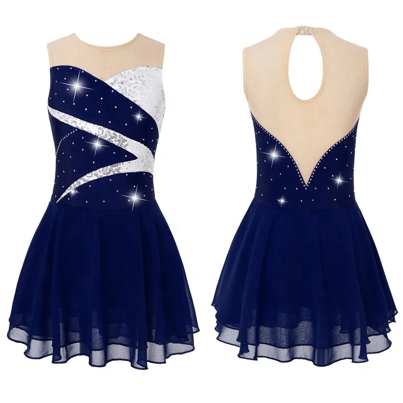 Kids Girls Sleeveless Round Neckline Shiny Sequins Rhinestone Decorated Patchwork Style Hollow Back Skating Dance Dress