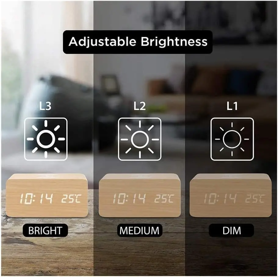 Digital Wooden Alarm Clock, 4-in-1 Multifunction, Bamboo and Wood,Wireless Charging Desk Clock,Wake up Light Sunrise Alarm Clock