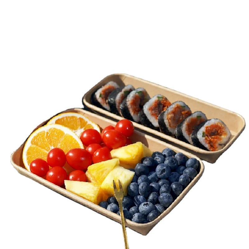 Printon Manufacturer Disposable rectangle take out kraft paper sushi packaging box sushi tray with clear lid