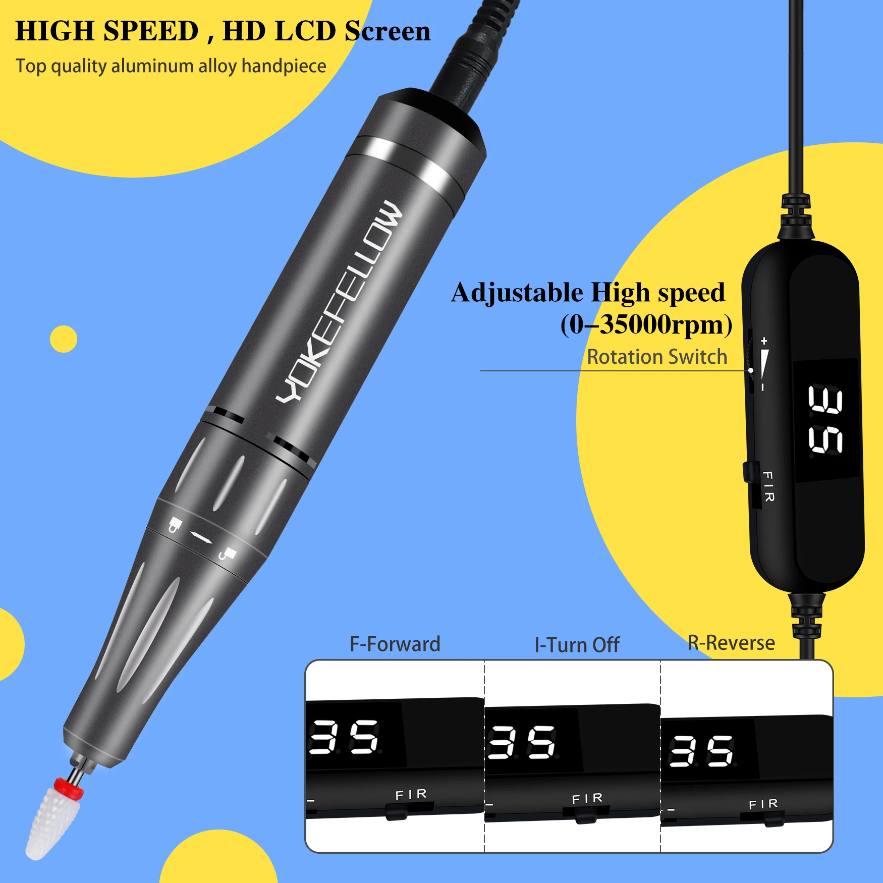 Электрическая дрель для ногтей yokeсман YK201P 35000 об/мин USB дисплей мощности портативный маникюрный полировщик с 7