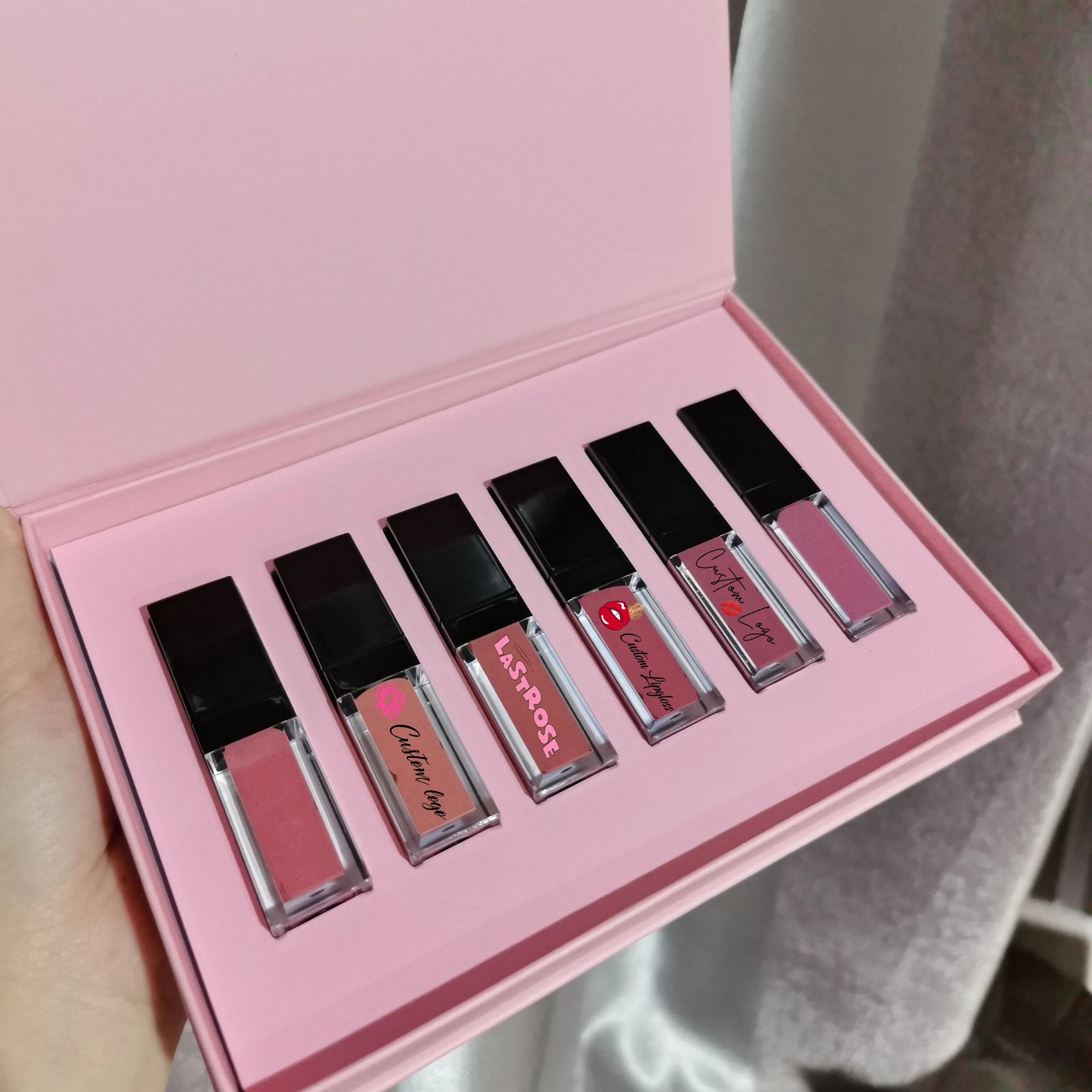 Luxury 6 Pcs Lip Gloss Kit Pink Packaging Private Label High Quality Waterproof Mix Color Lipgloss Set
