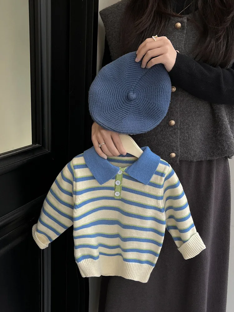 Blue Striped Knit Spring Fall Outfits Baby Long Sleeve Polo Collar Boys Knitted Sweater Jumpsuits