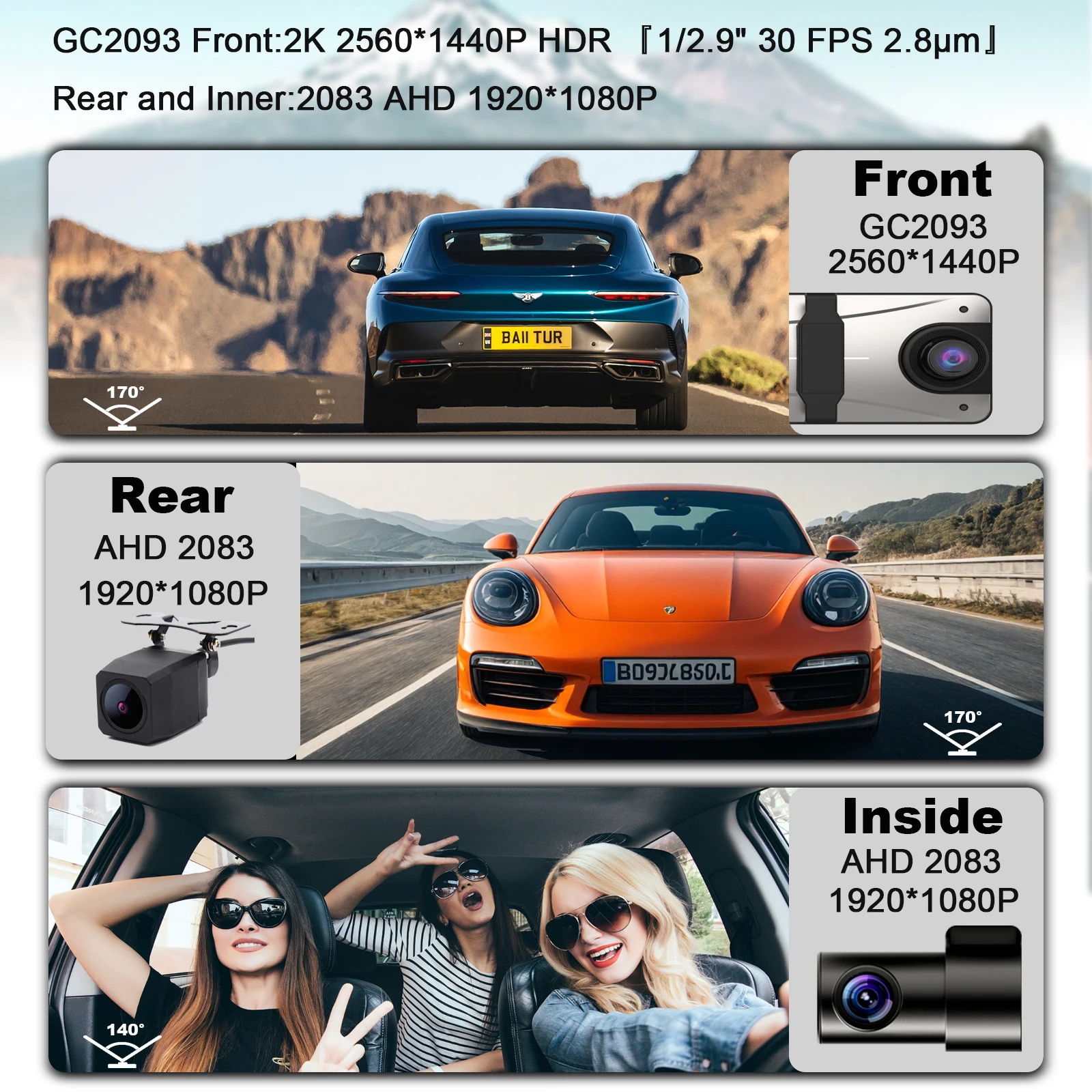 12 inch  Touch screen rearview mirror dash camera 3 channel 2k wifi dash cam Front rear and inside 3 lens 2k wifi gps dashcam