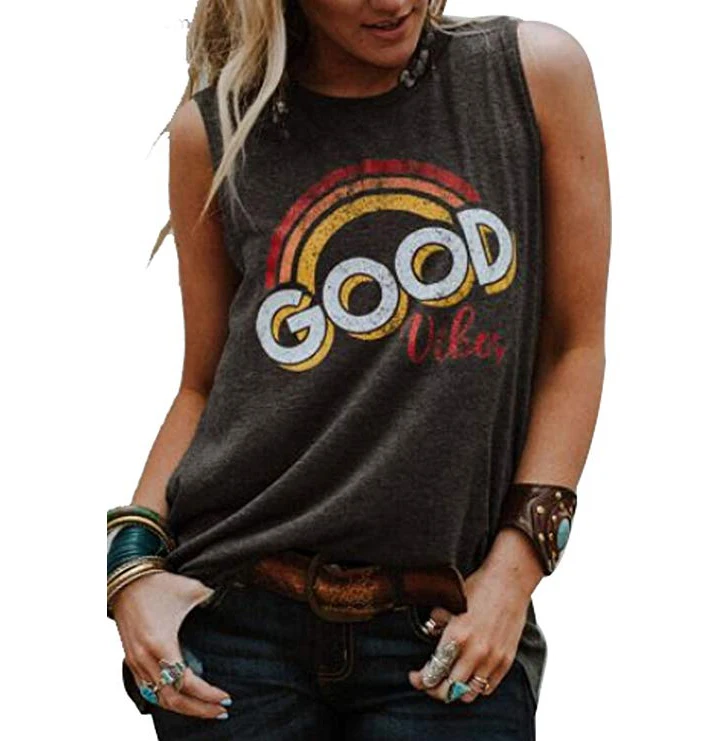 Женская Винтажная футболка без рукавов, Повседневная футболка с графическим рисунком, майка Good Vibes Rainbow
