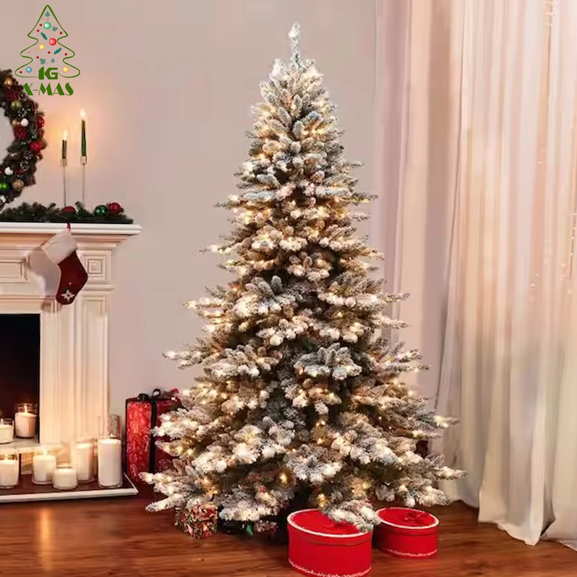 KG Xmas Wholesale Arbol De Navidad 7ft 9ft Pre-Lit Flocked Spruce Xmas Tree Artificial Christmas Tree With Lights