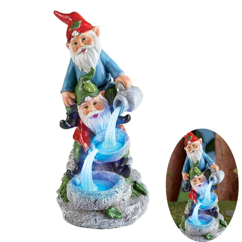 BSCI Factory Pair of Gnomes with Solar Lighted Water Fountain Garden Statue