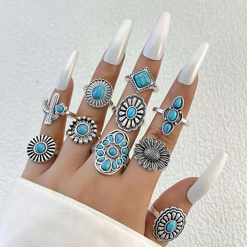 Ethnic Style Vintage Inlaid Turquoise Carved Feather Ring Classic 8-Piece Combination Ring Suit Fashion Personality Main Alloy