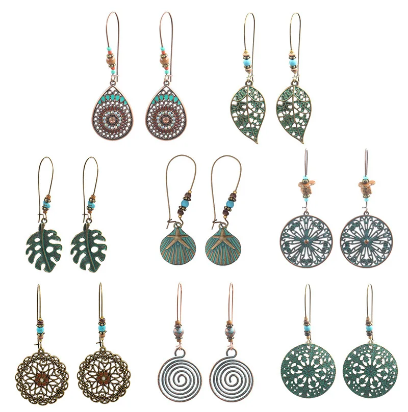 8 Styles Baroque BOho Retro Antique Bronze Plated Monstera Leaf Waterdrop Pendant Vintage Bohemia Earrings Jewelry For Woman