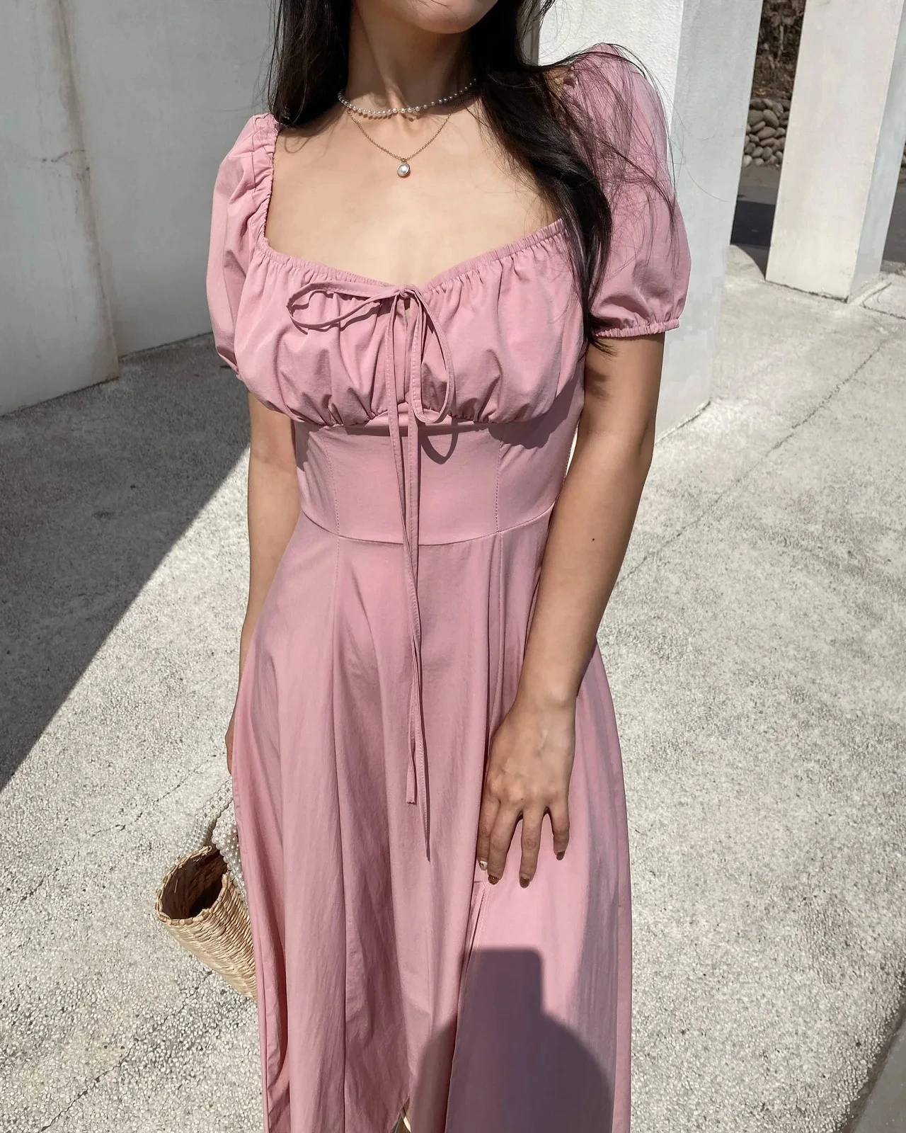 Ladies Formal Elegant Maxi Dress Square Collar Short Sleeves Pink Cotton Printed Casual Party Style Sexy Midi Summer Day Outfits