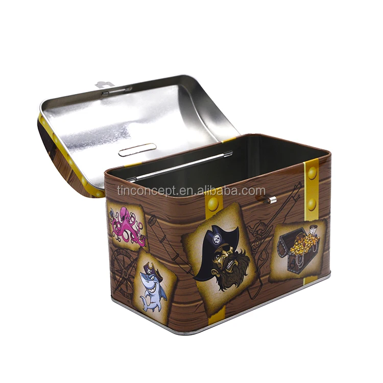Exquisite Hinged Lid Coin Bank Tin Can For Children
