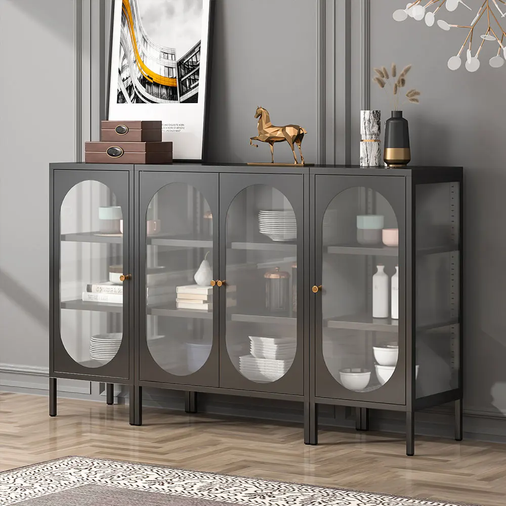 Nordic Style White Metal Side Cabinet with Tempered Glass Door 3-Tier Storage for Living Room