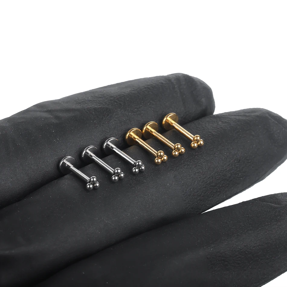 Titanium Internally Threaded Three Ball Nose Rings Cartilage Earring Stud Helix Rook Conch Tragus Earlobe Piercings
