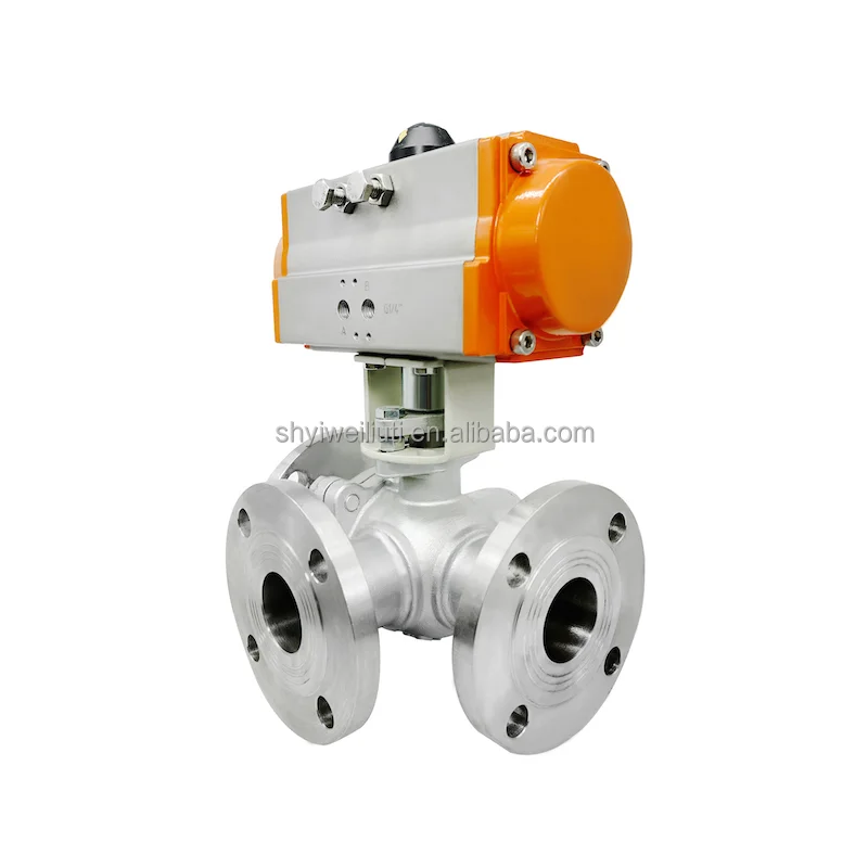 DN32 L Port stainless steel 304 316 flange connection 3 way 2pcs double union Pneumatic Actuator ball valve