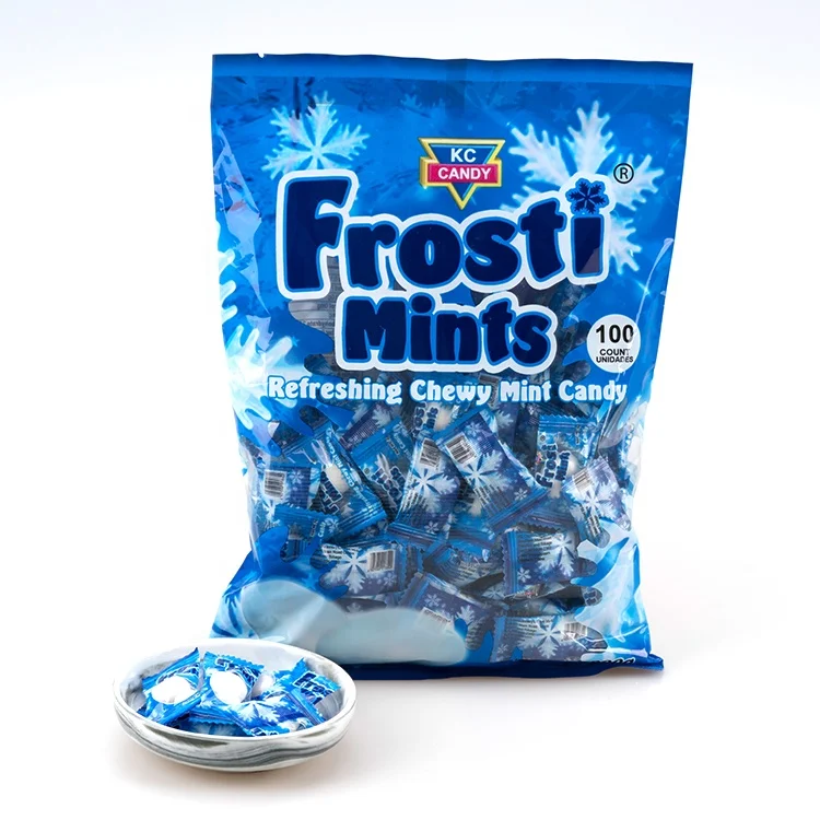Wholesale candy factory Mint Flavor Sweet White Gummy Compressed Chew Jelly Candy Blue Packaging Wrapper surprise bonbon