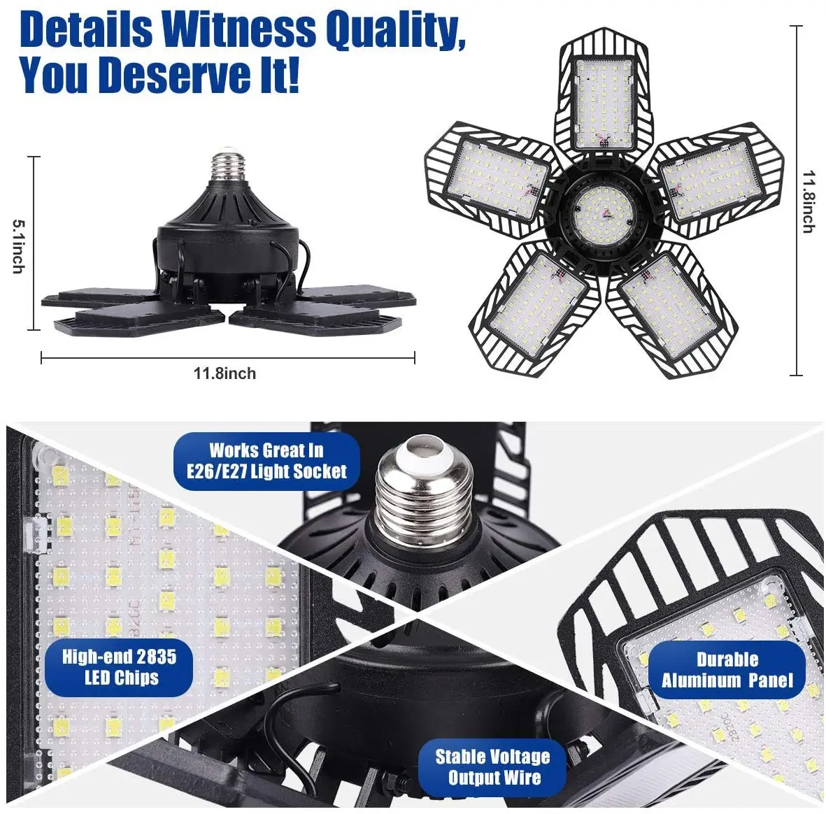  2021 Amazon hotsale 150W metal garage lights with socket and 5 deformable panels