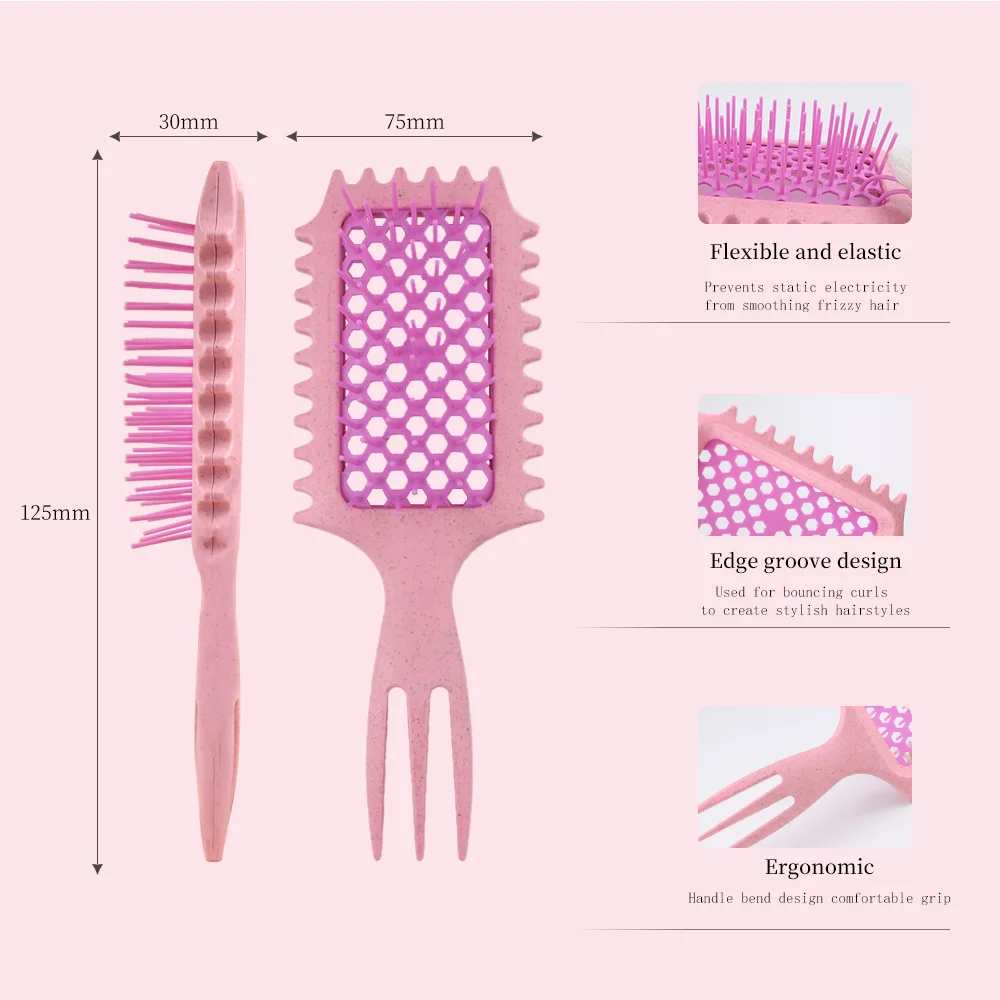 New Design customized logo hair brush Hollowed out scalp massage comb hair brush Wheat straw Detangling Vent Shower Hair Brush