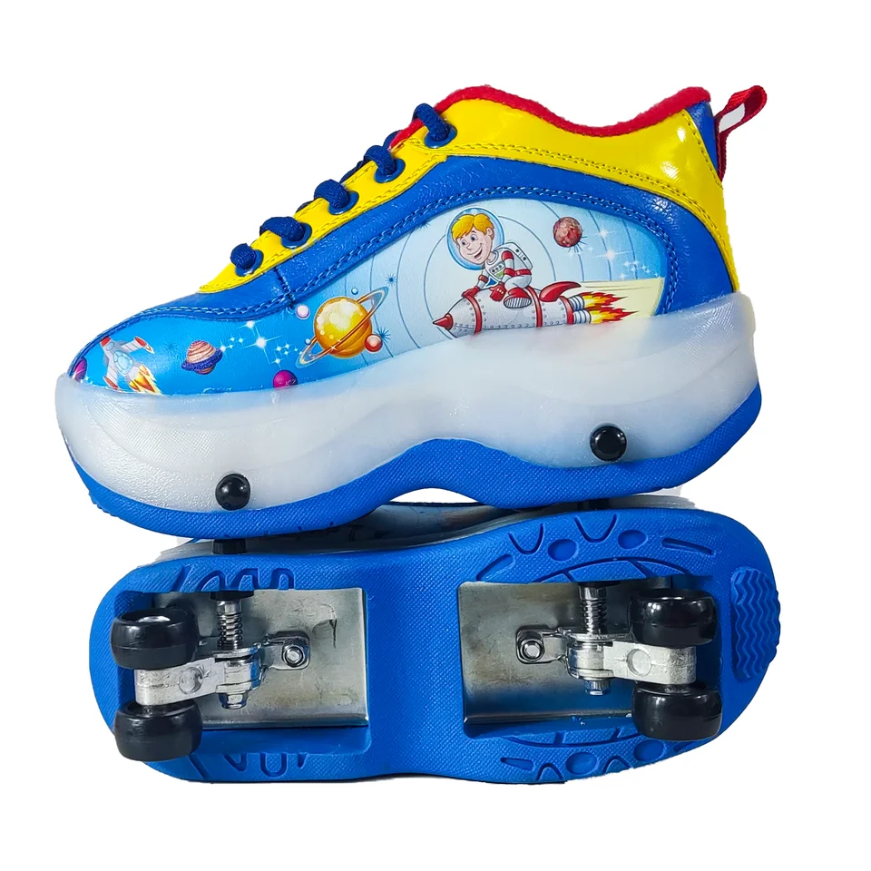 Factory Sales Kids LED Light Up Deformation Roller Skates Shoes Sneaker with Wheels for Children
