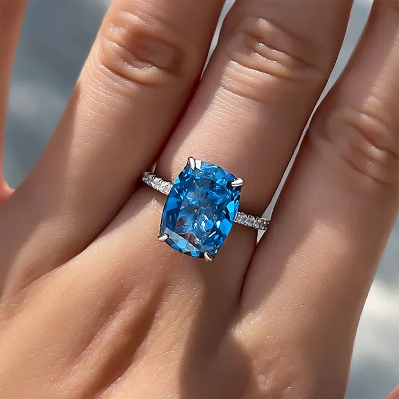 CAOSHI Custom Dignified Big Oval Gemstone Sky Blue Crystal Zirconia Ring For Fashion Wedding Silver Plated Woman Rings Jewelry