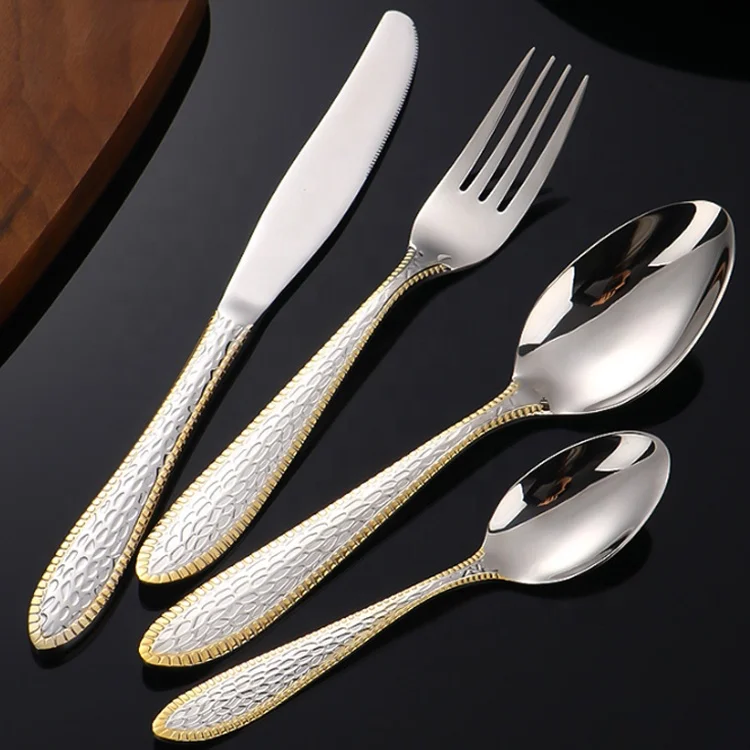Dishwasher Safe Stainless Steel Flatware Silverware Knife Fork Spoon Handle With Gold Edge Cutlery With Individual Packing