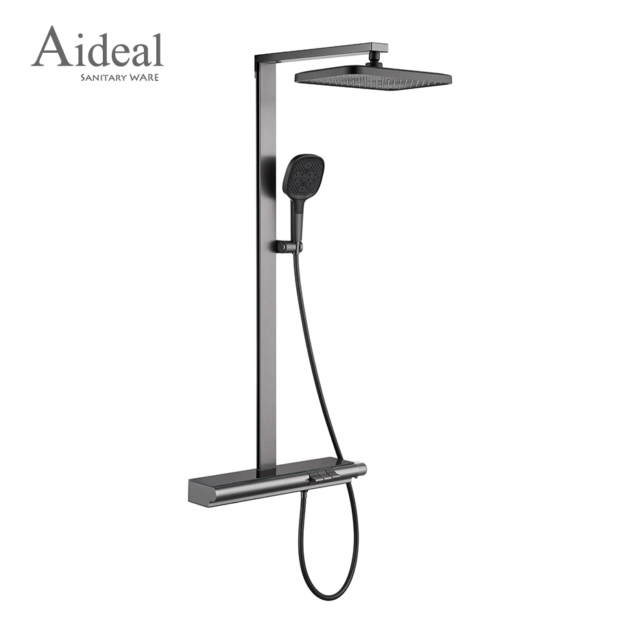 Aideal style exposed sliding thermostatic shower mixer system with large shelf and massage top shower