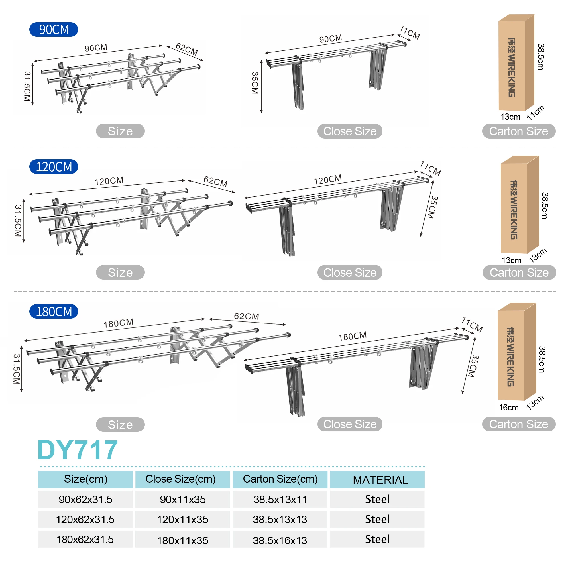 3 Tier Balcony Wall Mounted Laundry Dryer Rack Push-pull Folding Stainless Steel Cloth Drying Hanger For Bathroom