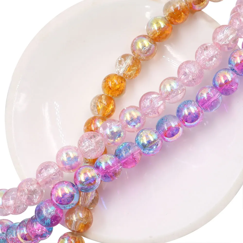 stock for sale 8mm full hole round blue and pink glass beads crackle AB beads for bracelets and necklaces