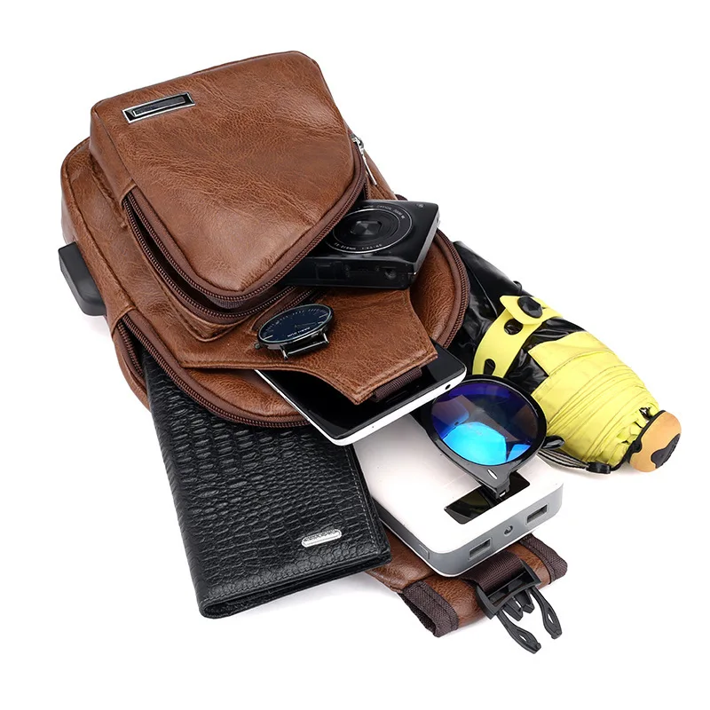 Low MOQ PU Messager Shoulder Bag Waterproof USB Chest Bag for Men with Ear Hold