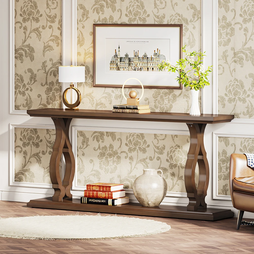 Modern antique farmhouse 2 tier entry console table wood vintage retro with open storage for living room entrance, hallway