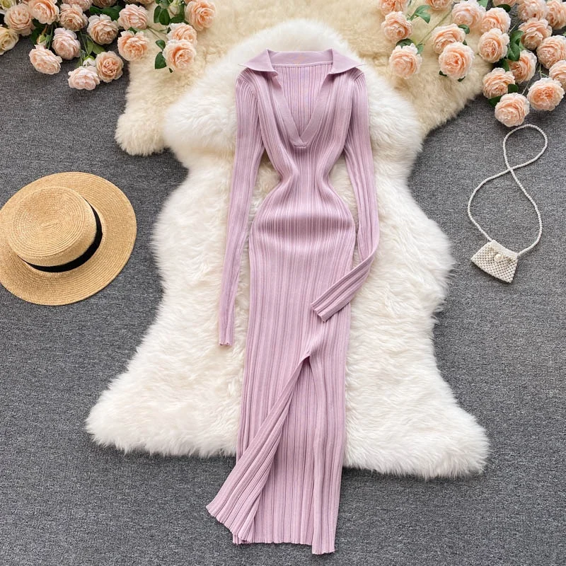 10 Colors Women Korean Knitted Dress Long Sleeve V Neck Elastic Slim Pencil Dresses 2021 Autumn Sexy Bodycon Split Sweater Dress
