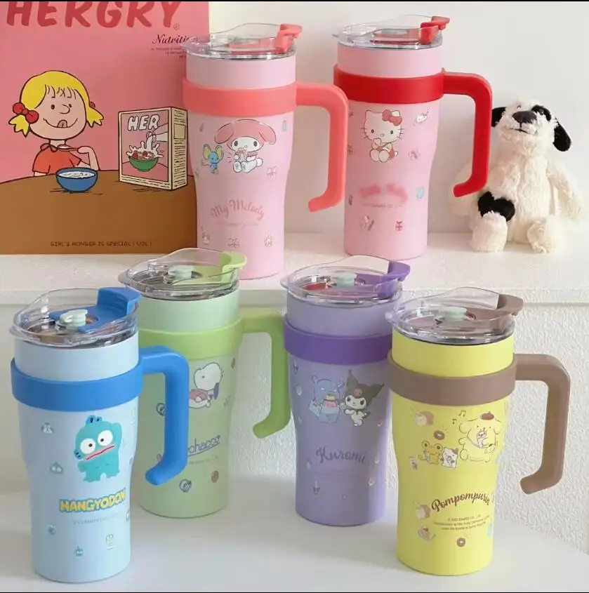 Lovely Kawaii Sanrio Design Tumbler 900 ml Anime Kuromi Melody Kitty Cat Handgrip Water Cup