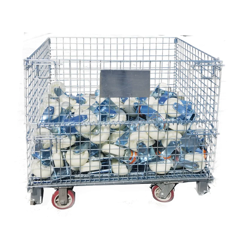 Heavy foldable stackable metal pallet storage fiber cages mesh container with wheels