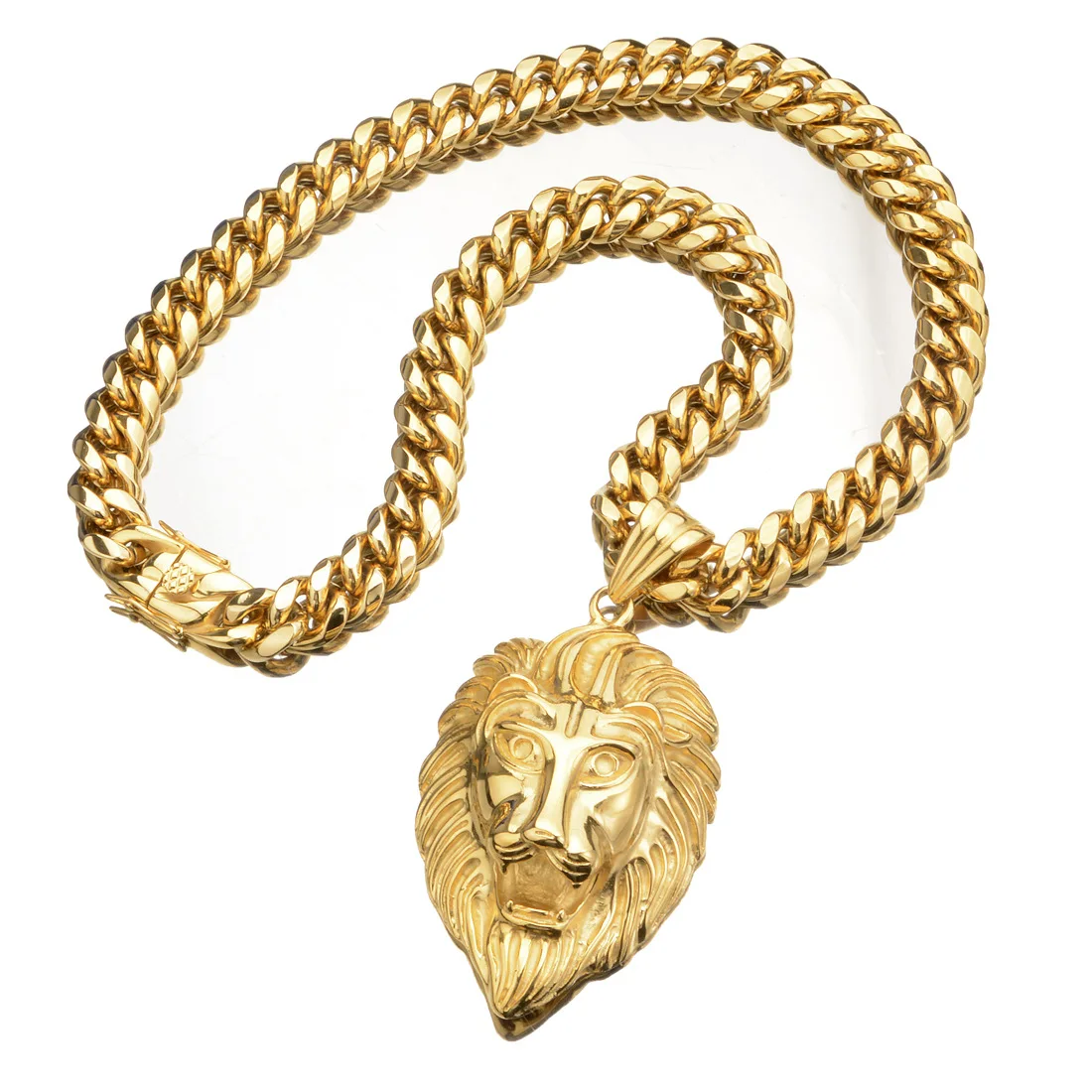 Hot Selling Stainless Steel Cuban Chain Necklace with Lion Head Pendant 14mm Cuban Necklace Animal Lion Head CharmJewelry