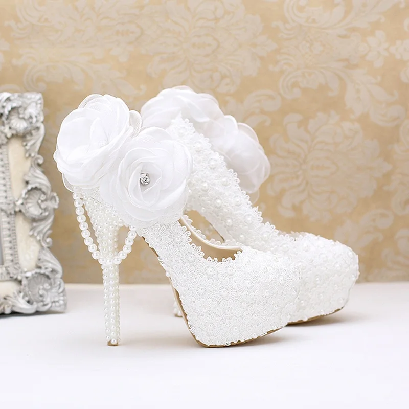 White Lace Floral Bridal Shoes Female Sandals Pearl Womens Block Heel for Ladies